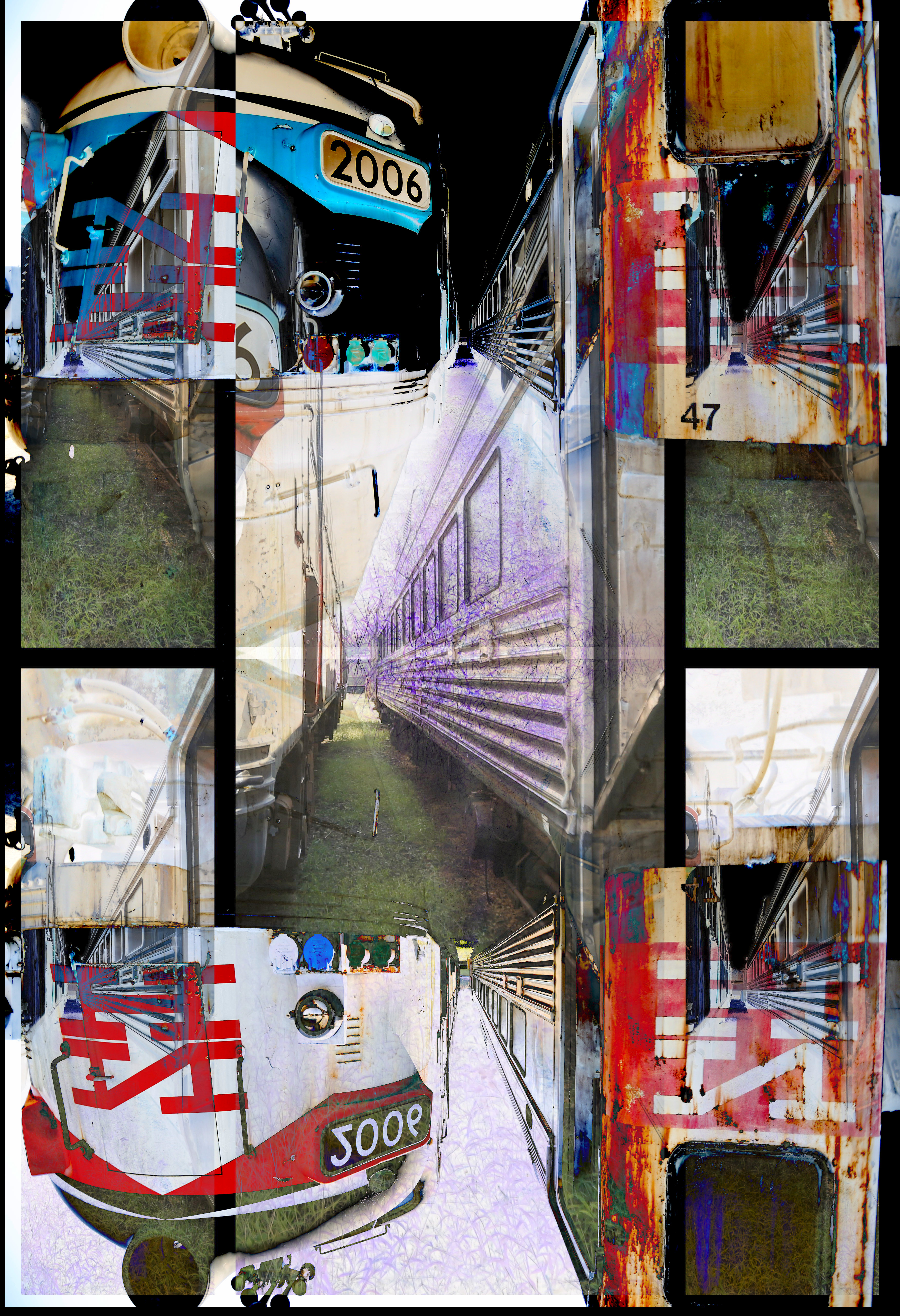Digital collage artwork featuring train